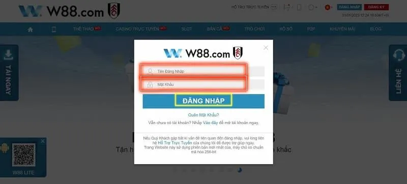 truy cập tài khoản w88